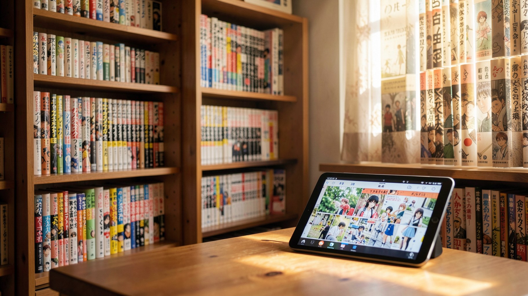 本棚のように並んだ端末で複数の電子書籍・電子コミックアプリを見比べる読者の手元