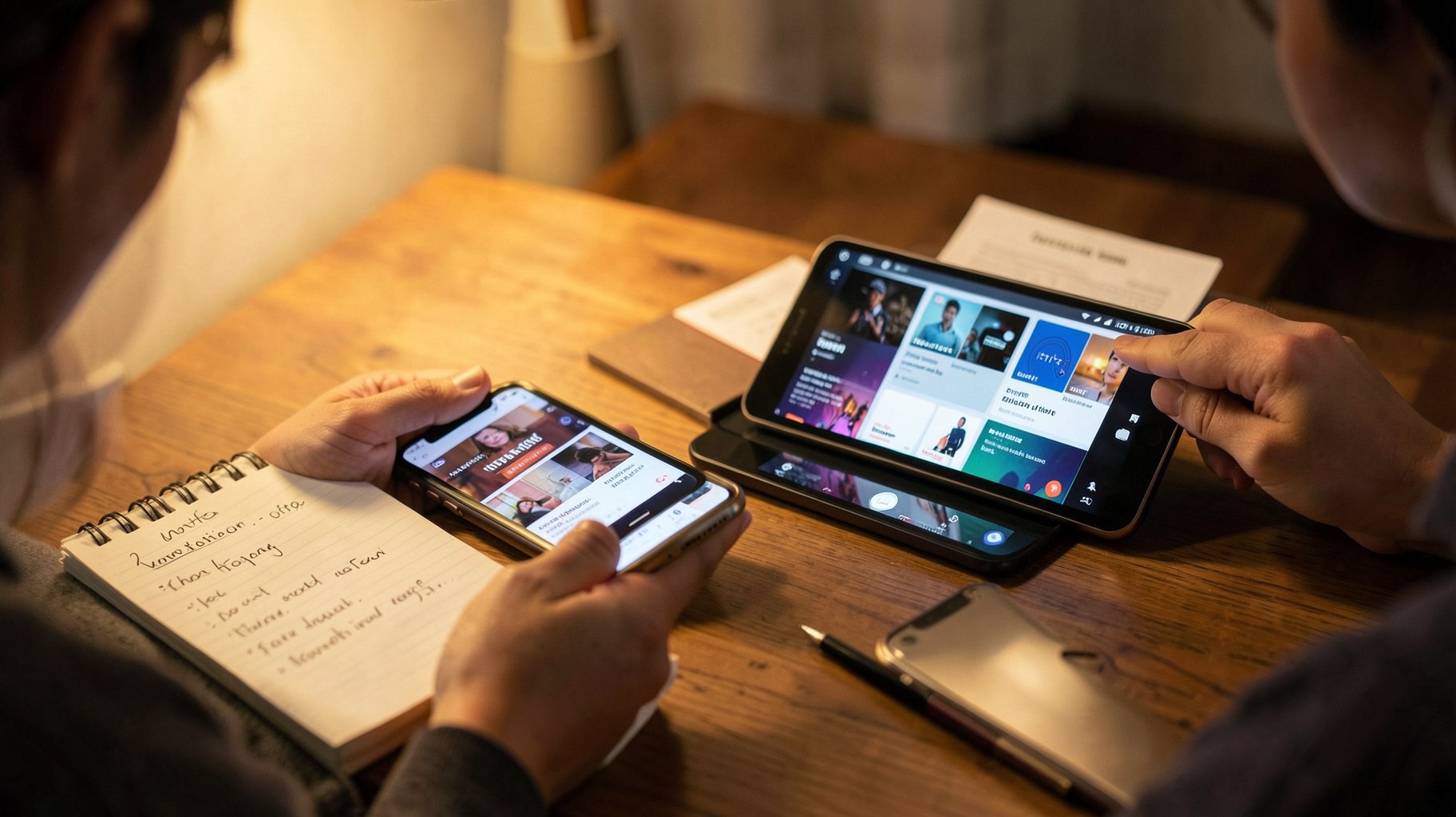 スマートフォンとタブレットで複数の電子書籍アプリを見比べる様子