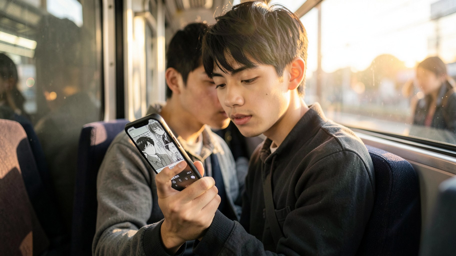 電車内でスマートフォンの漫画アプリを読む乗客