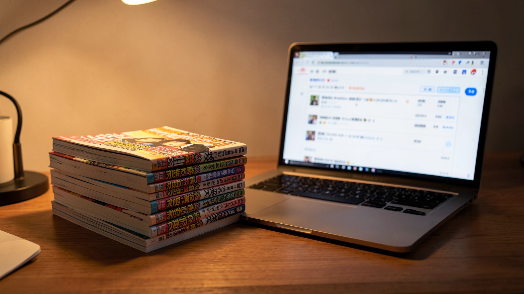 木製のテーブルに積まれた漫画の巻と買い物カートを表示するノートパソコン
