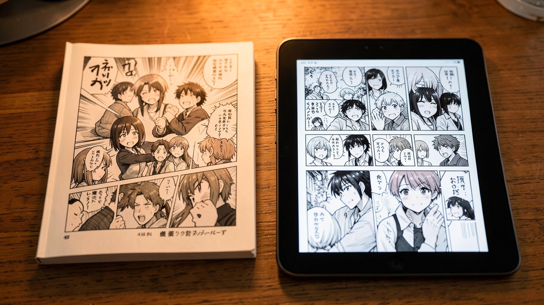 木製の机に並べた紙の漫画本と同じ作品を表示するタブレット