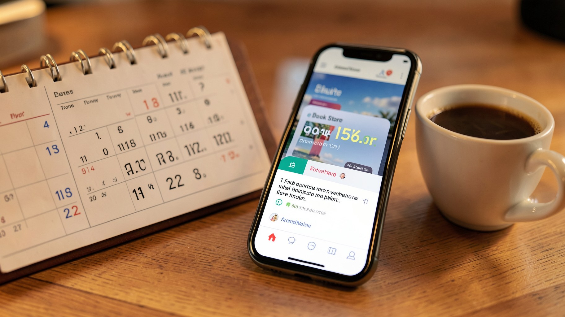 割引クーポンの通知が表示されたスマートフォンと卓上カレンダー