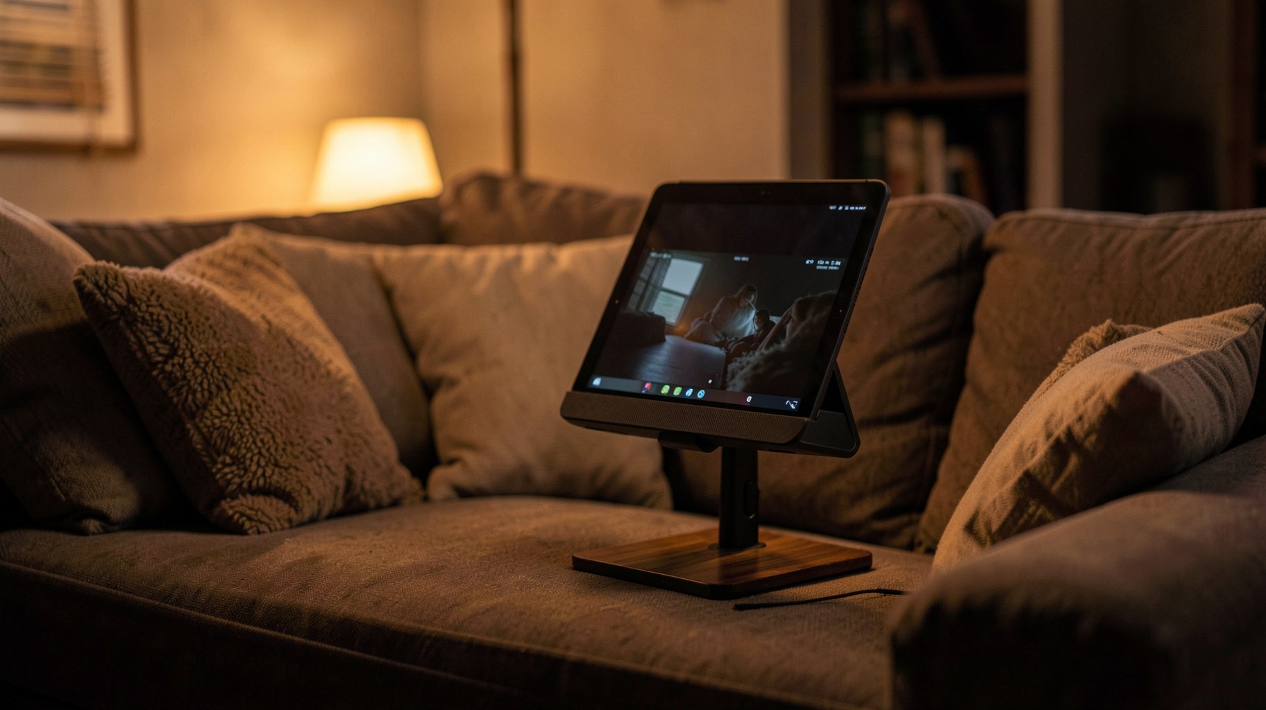スタンドに置かれたタブレットでくつろぎながら読書する自宅の一角
